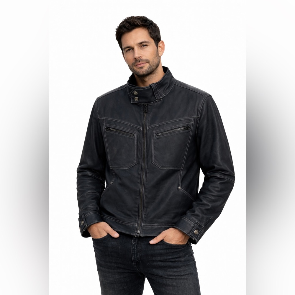 Brooklyn Industries Men’s Dark Grey Denim-Style Moto Jacket | Contrast Stitch